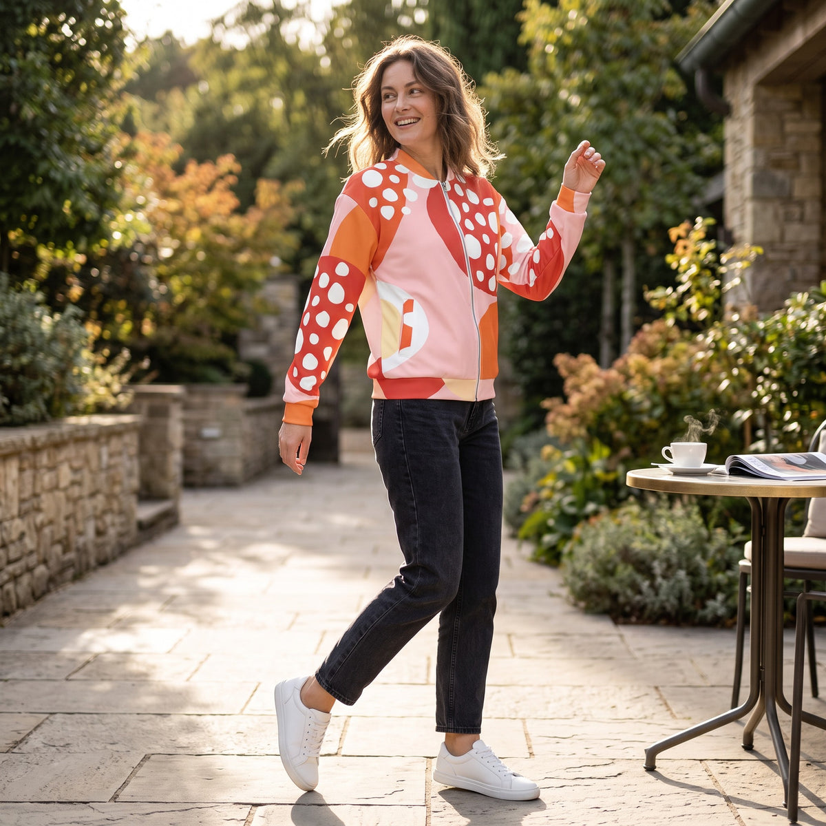 Good Wishes 365 unisex bomber jacket with orange strawberry print, brushed fleece lining, and silver YKK zipper.