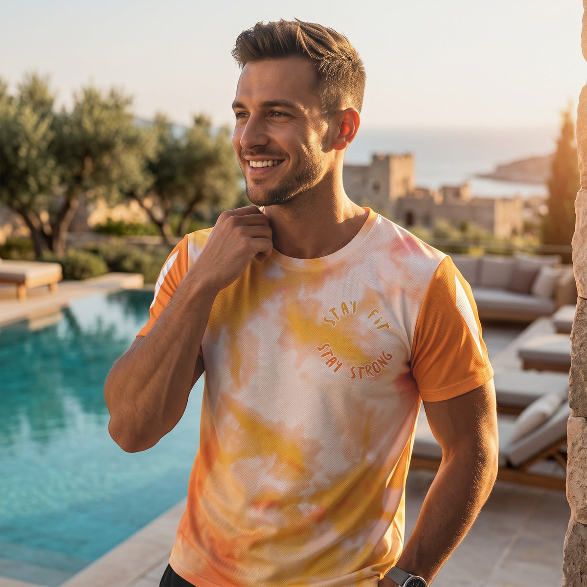 Good Wishes 365 men's orange and harvest gold tie-dye athletic t-shirt with Stay Fit Stay Strong graphic by a pool