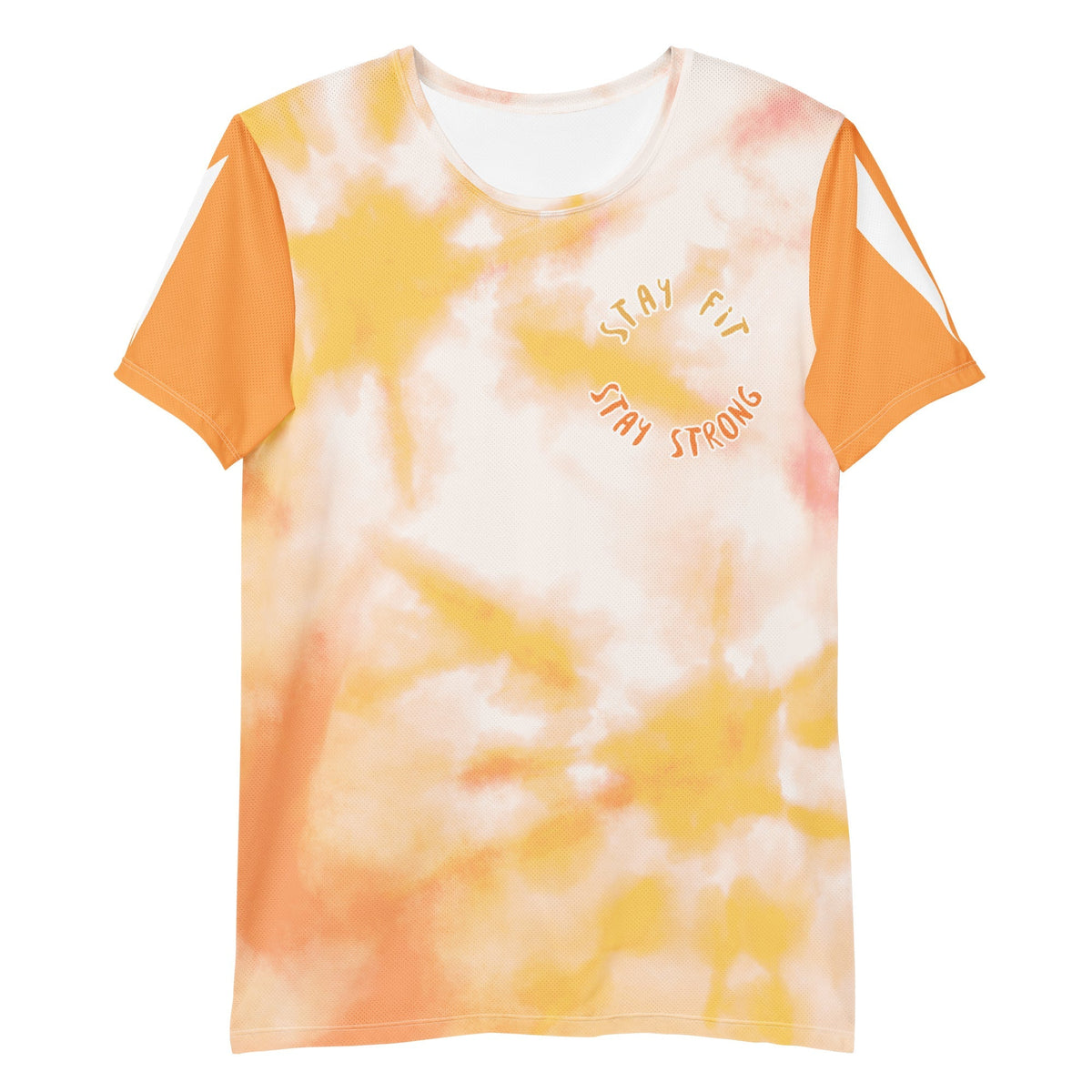 Good Wishes 365 men's orange and harvest gold tie-dye athletic t-shirt with Stay Fit Stay Strong graphic