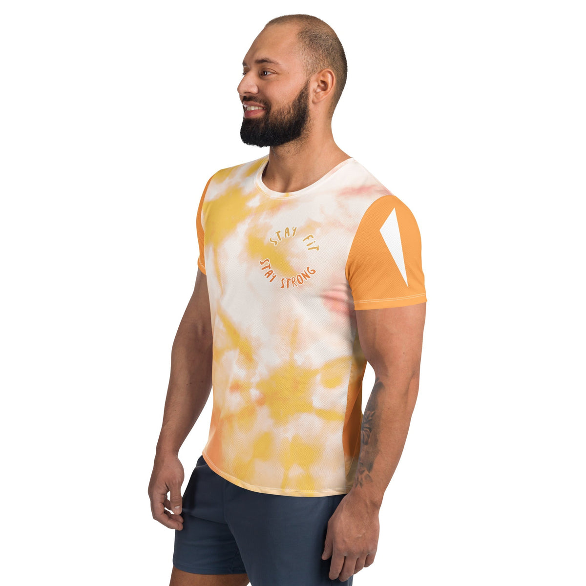 Good Wishes 365 men's orange and harvest gold tie-dye athletic t-shirt with Stay Fit Stay Strong graphic on model