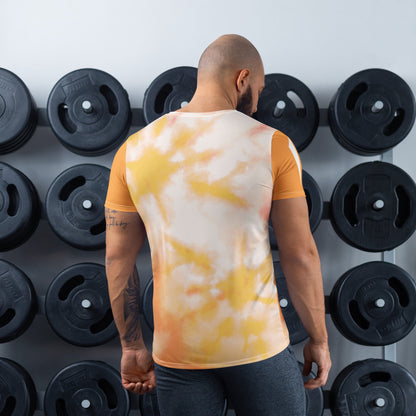 Good Wishes 365 men's orange and harvest gold tie-dye athletic t-shirt worn by a man in a gym setting