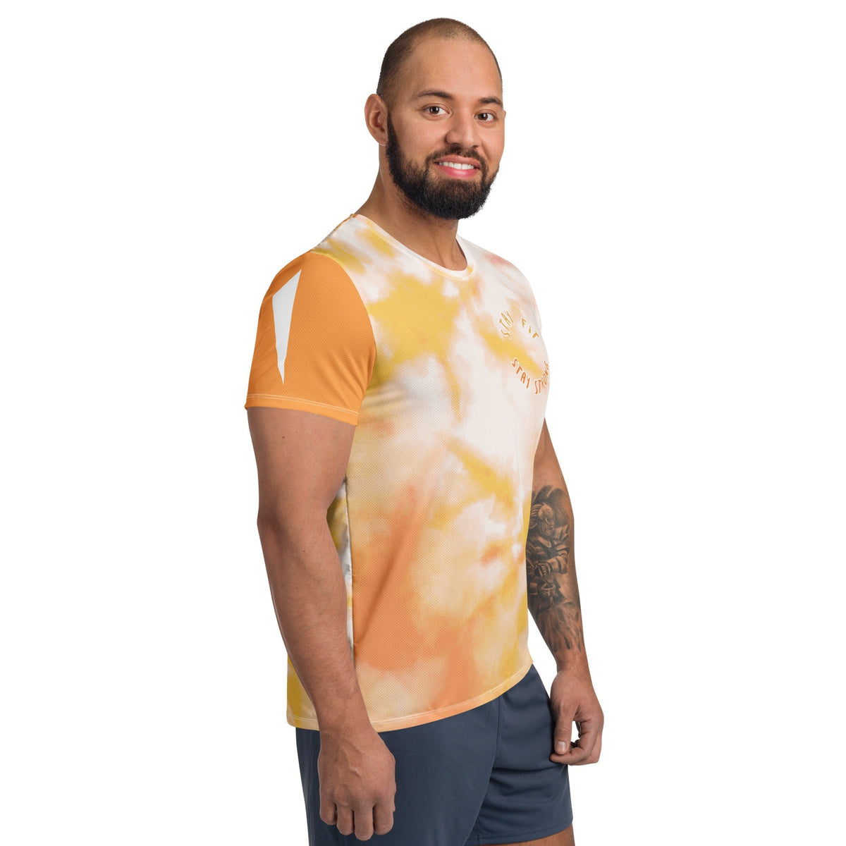Good Wishes 365 men's orange and harvest gold tie-dye athletic t-shirt with Stay Fit Stay Strong graphic on model