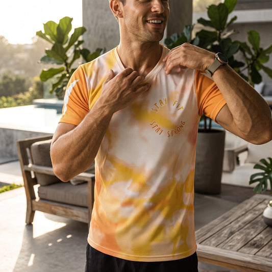 Good Wishes 365 men's orange and harvest gold tie-dye athletic t-shirt with Stay Fit Stay Strong graphic
