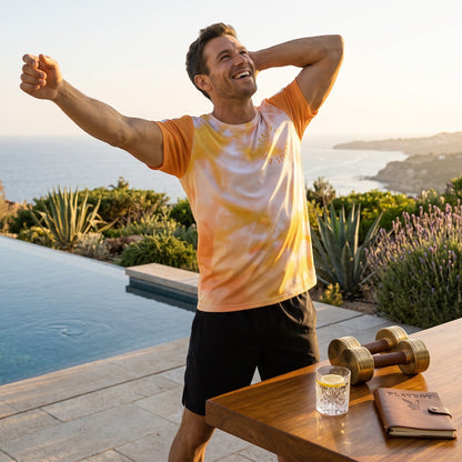 Good Wishes 365 men's orange and harvest gold tie-dye athletic t-shirt with Stay Fit Stay Strong graphic by a pool