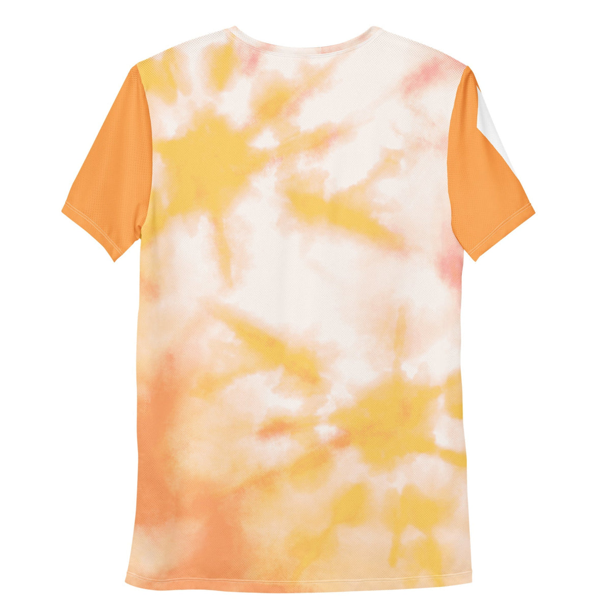 Back view of Good Wishes 365 men's athletic t-shirt in orange and harvest gold tie-dye moisture-wicking fabric