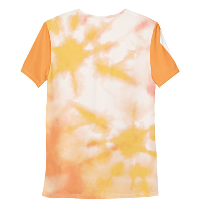 Back view of Good Wishes 365 men's athletic t-shirt in orange and harvest gold tie-dye moisture-wicking fabric