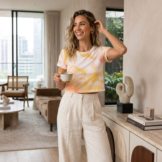 Good Wishes 365 orange and harvest gold tie-dye crop tee worn by a smiling woman in a modern living room.