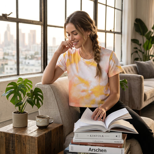 Good Wishes 365 orange and harvest gold tie-dye crop tee worn by a woman reading in a sunlit living room.