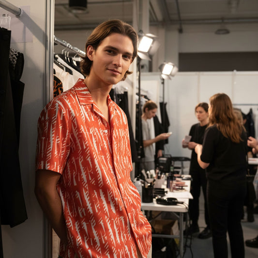 Good Wishes 365 unisex short-sleeve button shirt in orange with white abstract print, worn by a man backstage.