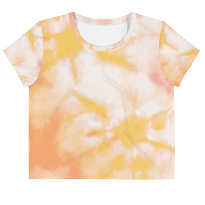 Good Wishes 365 crew neck crop top in a vibrant orange and yellow tie-dye pattern with short sleeves.