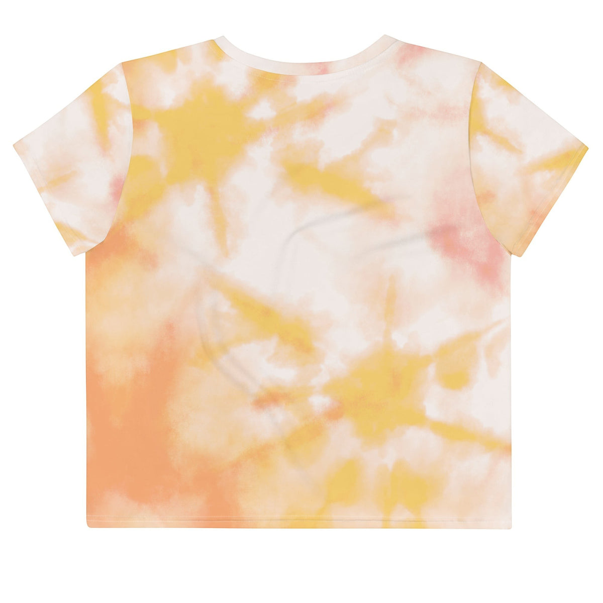 Good Wishes 365 crew neck crop top featuring a vibrant orange and yellow tie-dye pattern on soft breathable fabric.