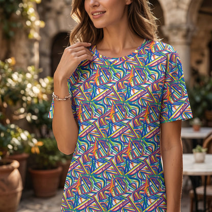 Good Wishes 365 oversize t-shirt dress featuring a vibrant multi-colored abstract geometric pattern on stretch fabric.
