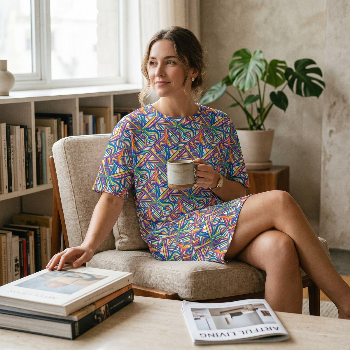 Good Wishes 365 oversize t-shirt dress with colorful abstract geometric pattern, worn by a woman in a cozy home.