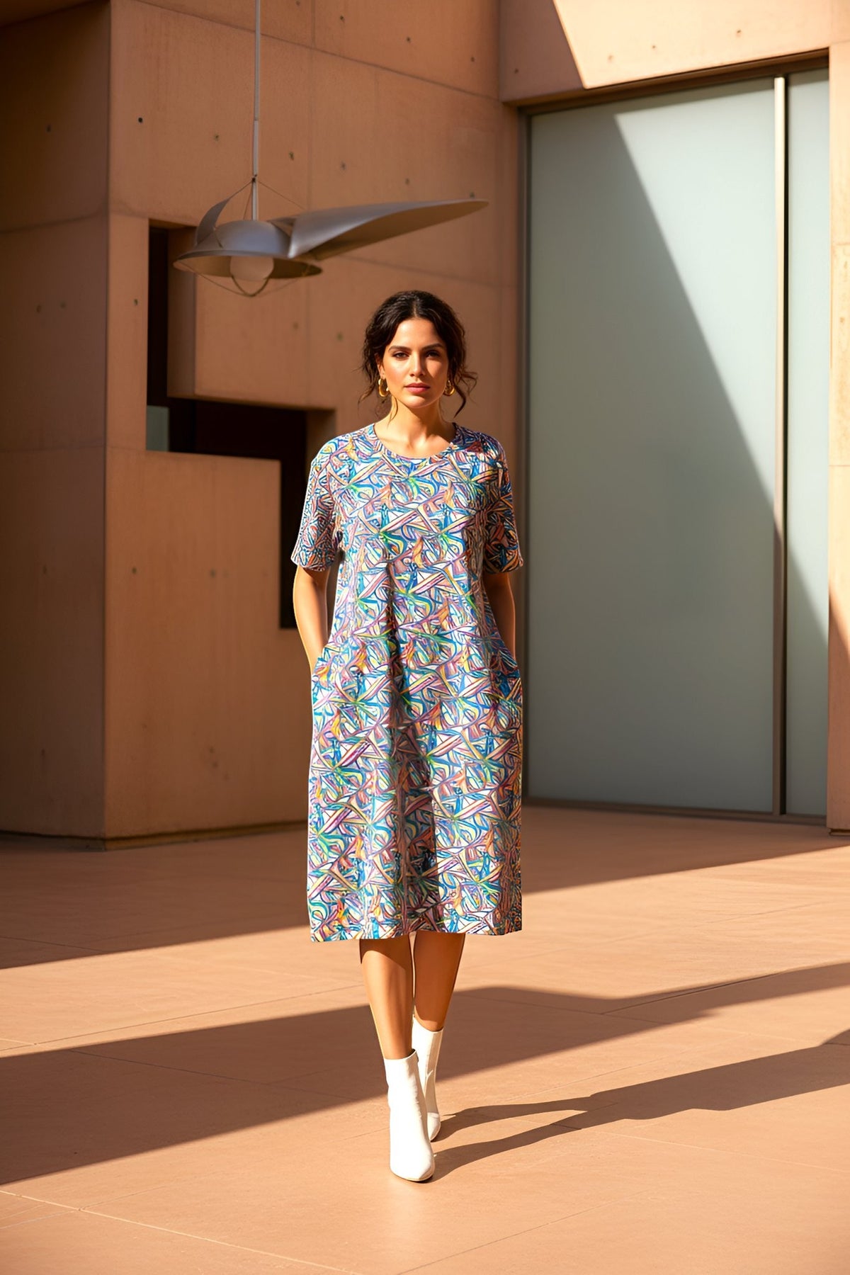 Good Wishes 365 oversize t-shirt dress with a colorful abstract print, drop shoulders, and stretch fabric on a model.