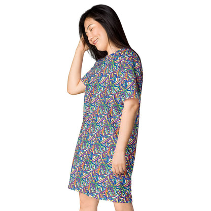 Good Wishes 365 oversize t-shirt dress with a colorful abstract geometric pattern on smooth stretch fabric.