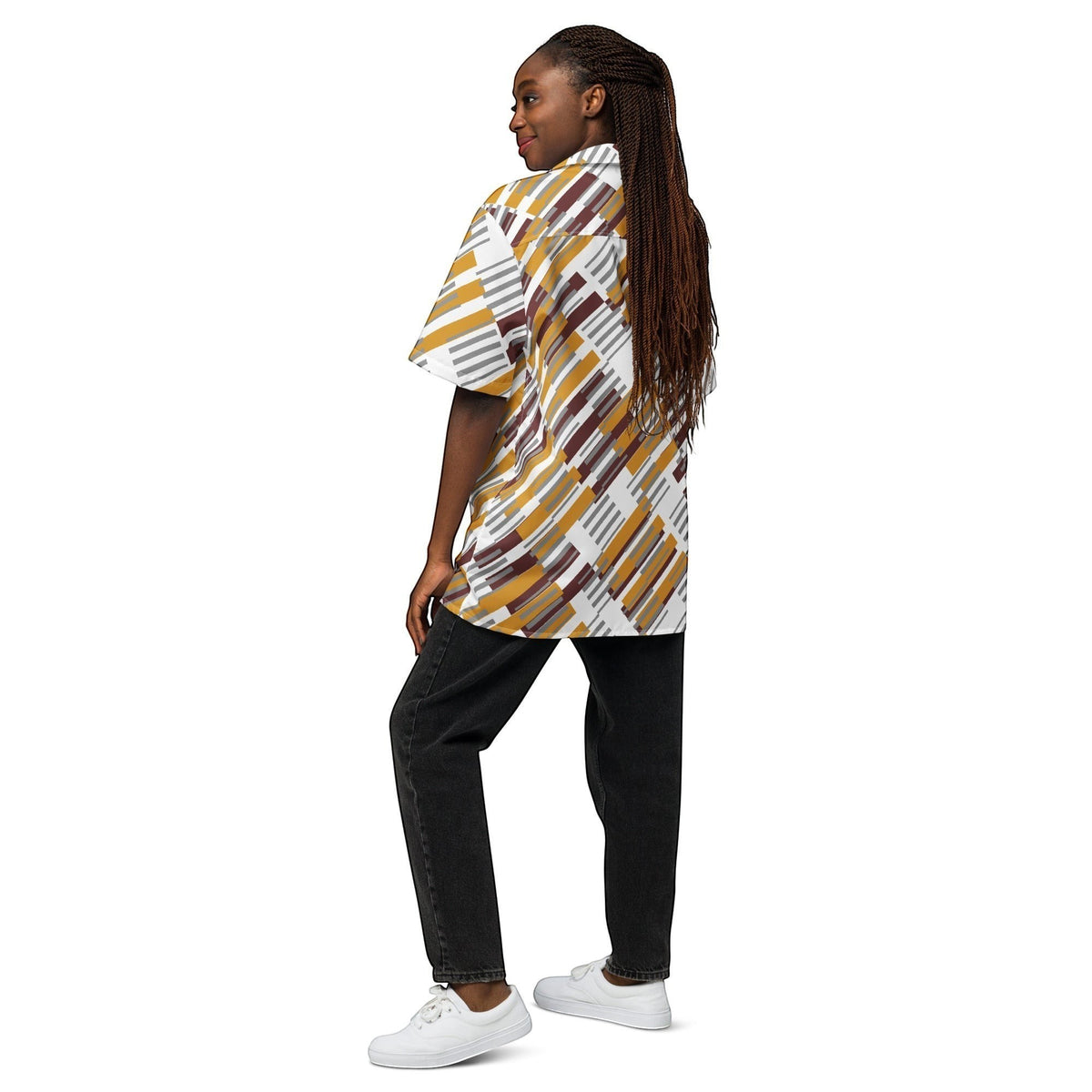 Good Wishes 365 unisex oversized button shirt with a geometric pattern in brown, yellow, and grey on a model.