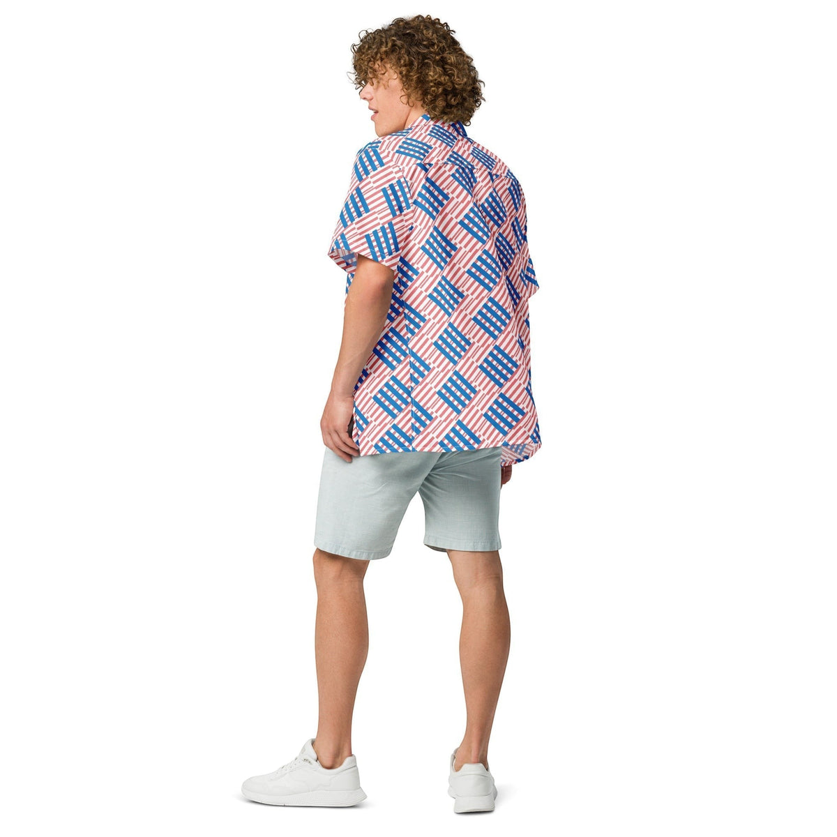 Good Wishes 365 men's oversized short-sleeve button shirt with red and blue love pattern, worn with light shorts.