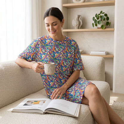 Good Wishes 365 oversized t-shirt dress with a colorful abstract geometric pattern, worn by a woman on a beige sofa.