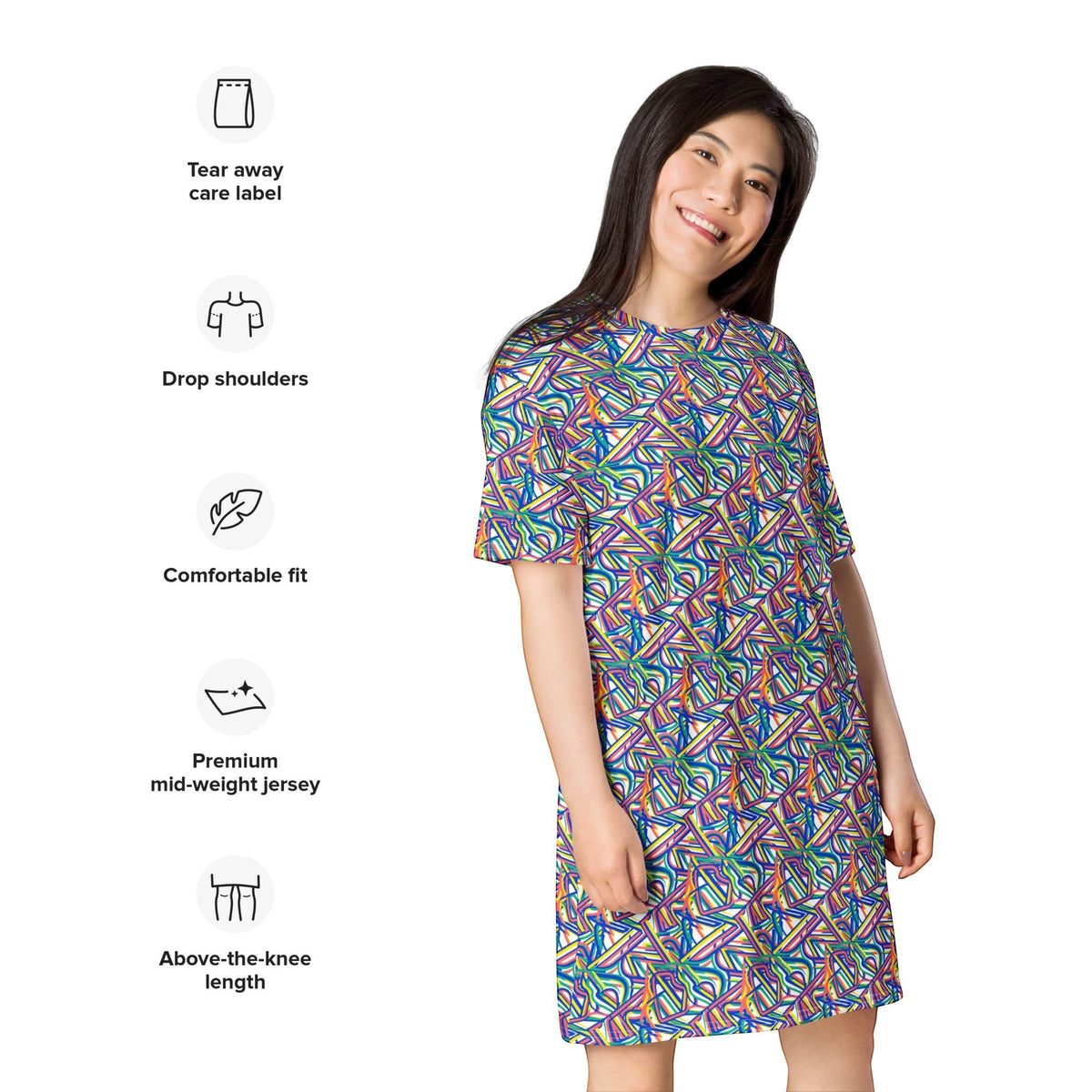 Good Wishes 365 oversized t-shirt dress with a colorful geometric pattern, drop shoulders, and soft stretch fabric.