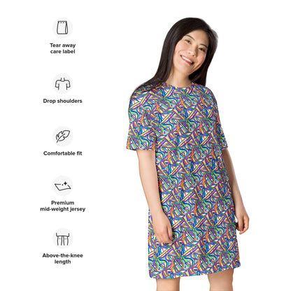 Good Wishes 365 oversized t-shirt dress with a colorful geometric pattern, drop shoulders, and soft stretch fabric.