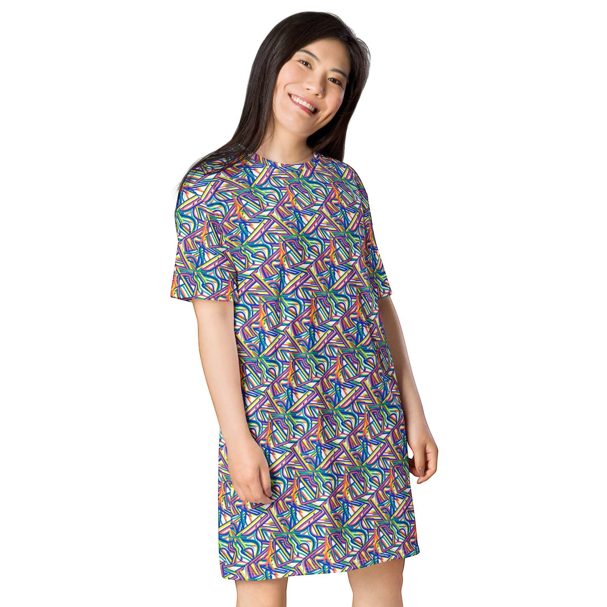Good Wishes 365 model wearing a colorful geometric print oversized t-shirt dress with drop shoulders.