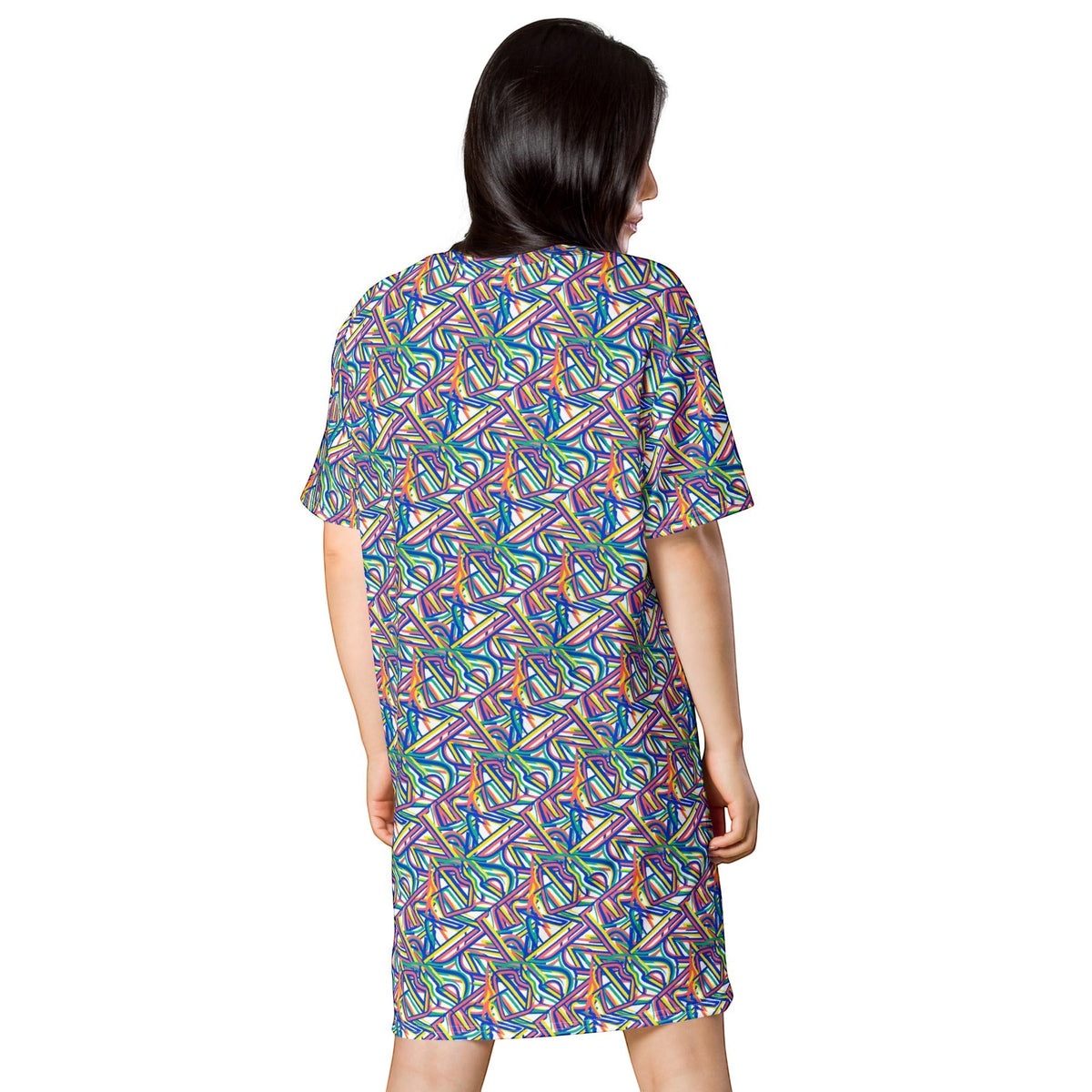 Good Wishes 365 oversized t-shirt dress with a vibrant abstract geometric pattern, drop shoulders, and stretch fabric.