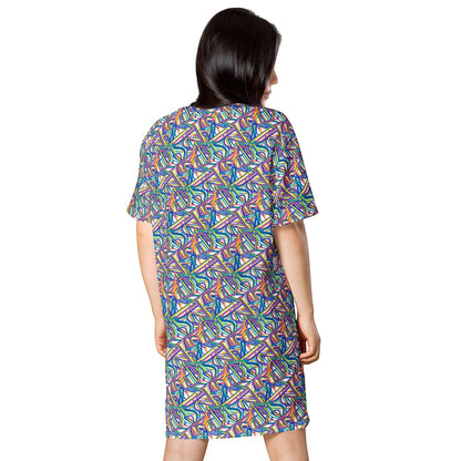Good Wishes 365 oversized t-shirt dress with a vibrant abstract geometric pattern, drop shoulders, and stretch fabric.