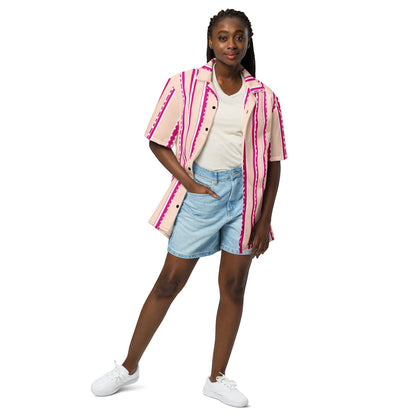 Good Wishes 365 retro pastel blush button-down shirt with magenta stripes worn by a model with denim shorts