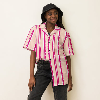 Good Wishes 365 retro pastel blush button-down shirt with magenta stripes worn by a woman in a black bucket hat.