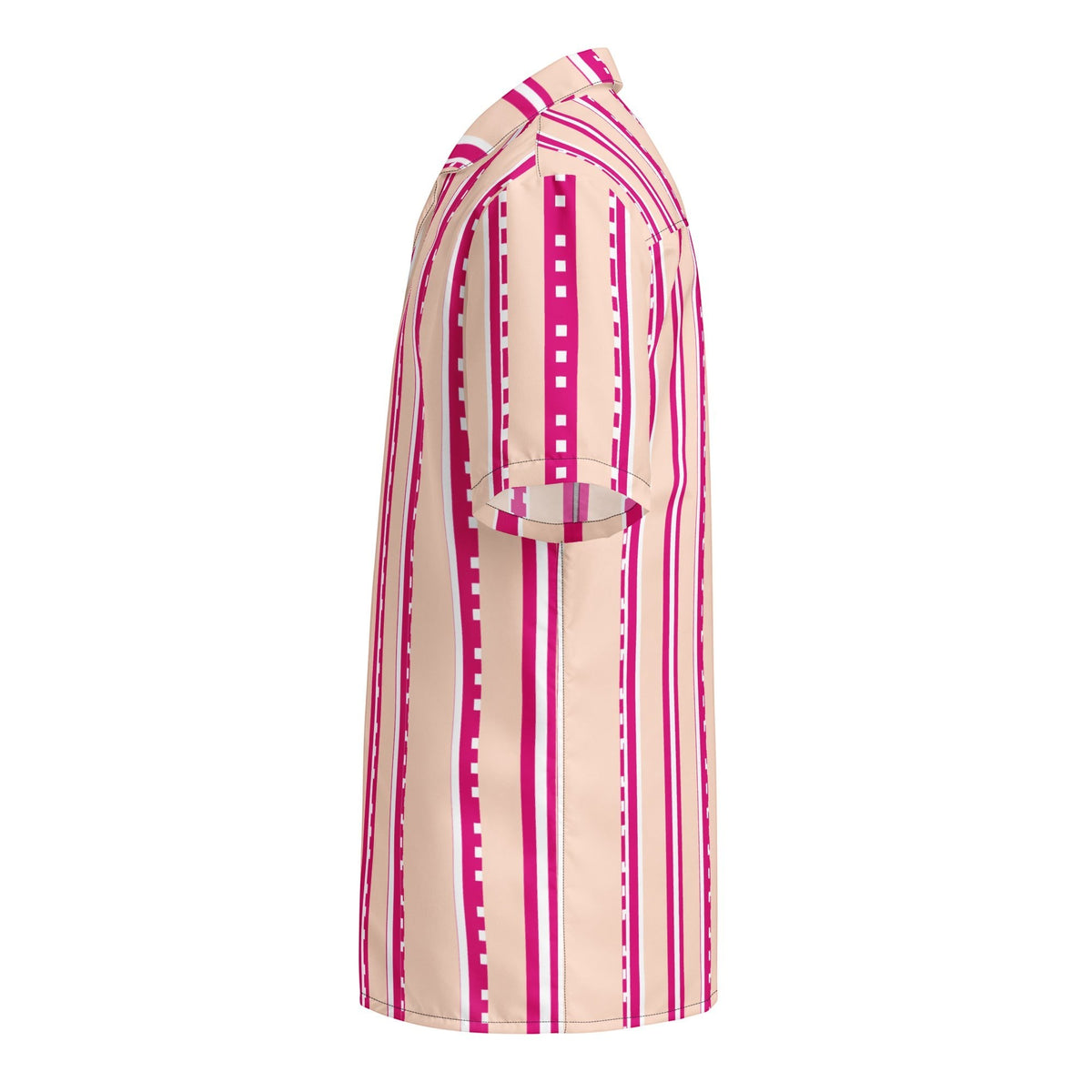 Good Wishes 365 women's retro pastel blush button-down shirt with vertical magenta and white stripes, side view.