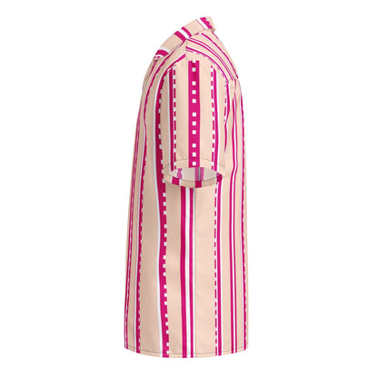 Good Wishes 365 women's retro pastel blush button-down shirt with vertical magenta and white stripes, side view.