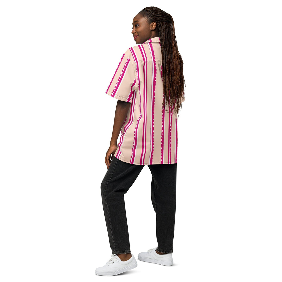Good Wishes 365 retro pastel blush shirt with magenta stripes, short sleeves, and oversized fit on a model.