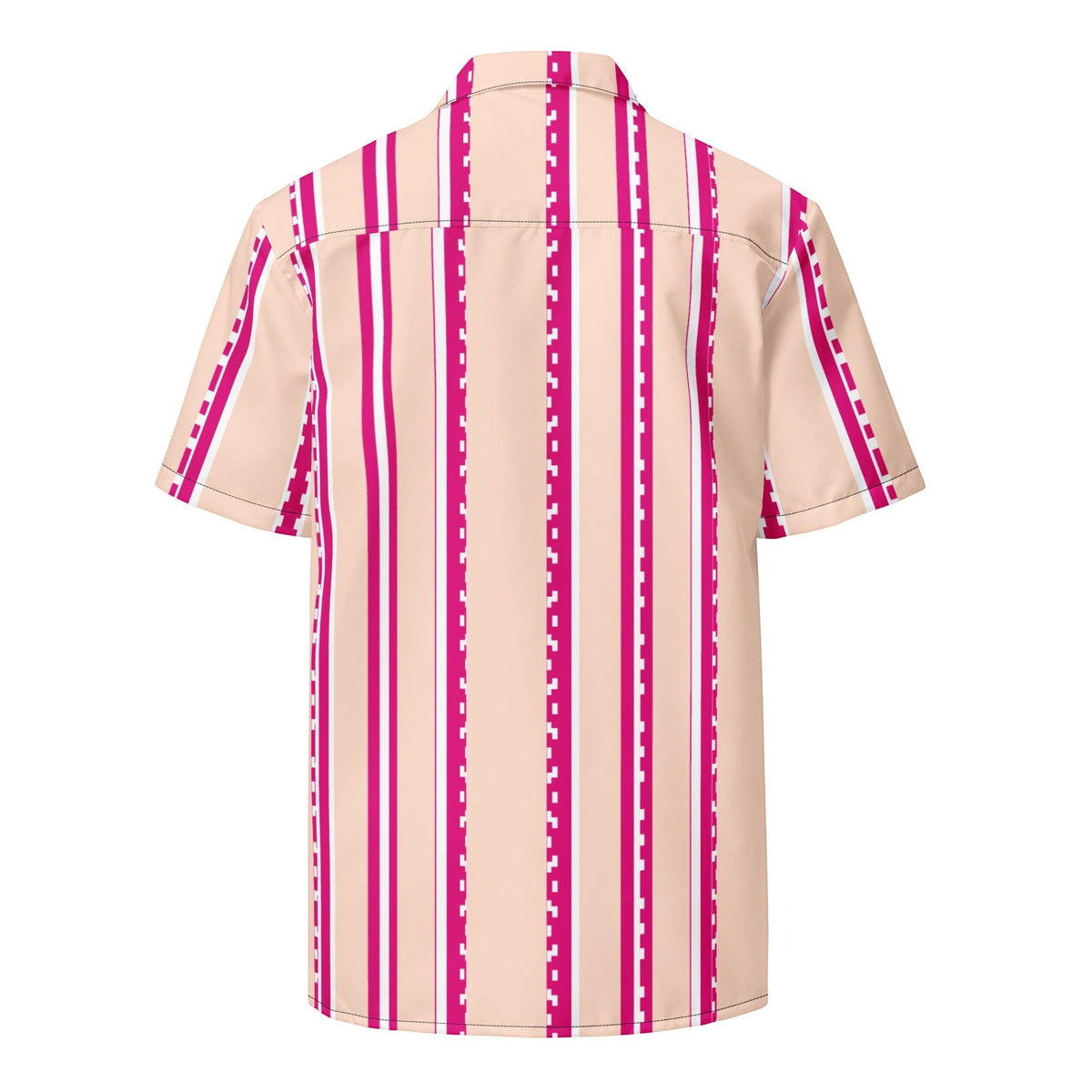 Good Wishes 365 retro short sleeve button shirt in pastel blush with vertical magenta and white stripes, back view.