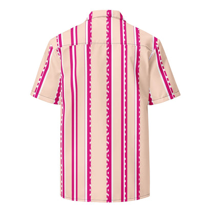 Good Wishes 365 retro short sleeve button shirt in pastel blush with vertical magenta and white stripes, back view.