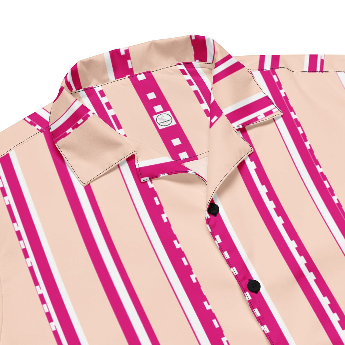 Good Wishes 365 retro pastel blush button-down shirt with vertical magenta and white stripes and a camp collar.