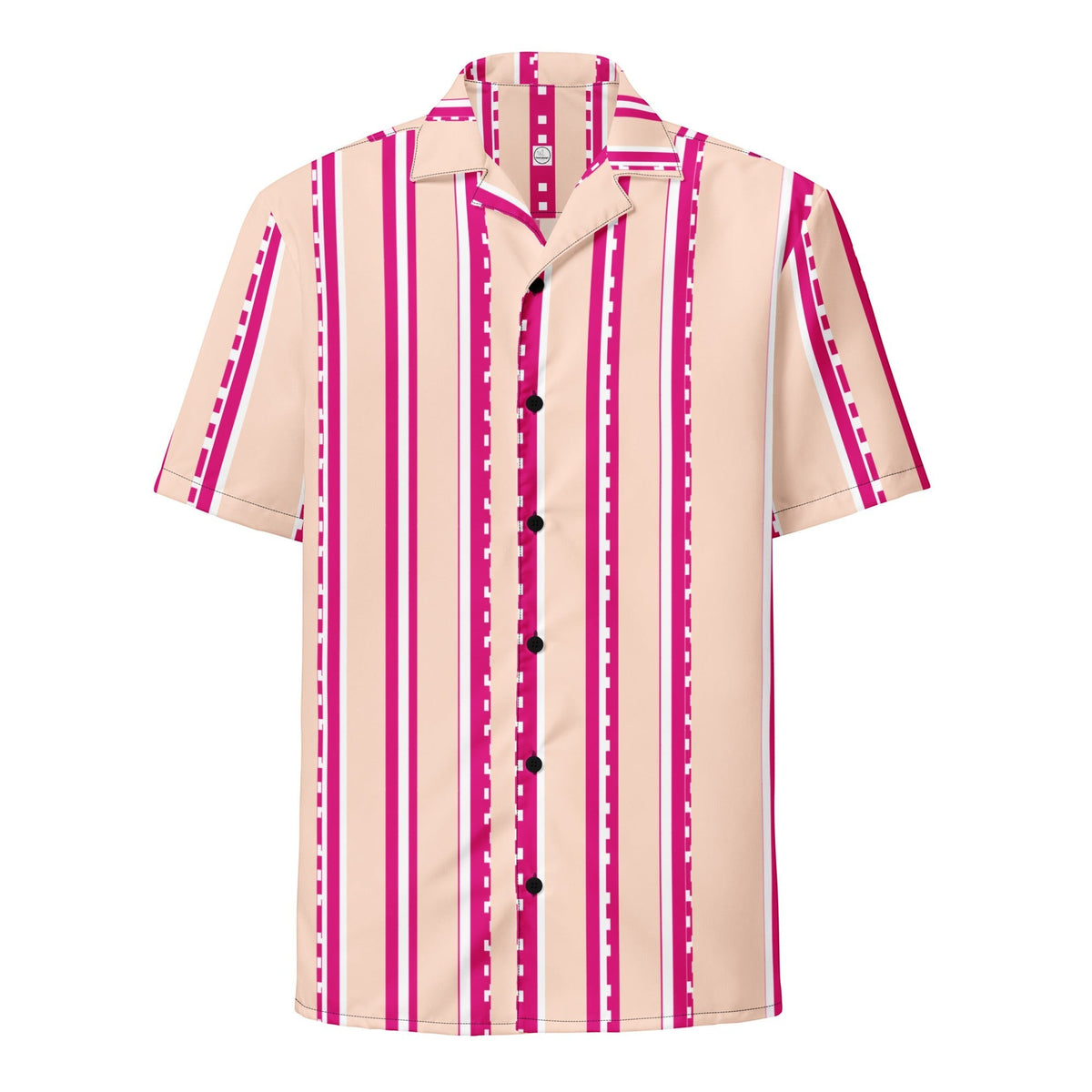 Good Wishes 365 retro short sleeve button shirt in pastel blush with vertical magenta and white stripes and camp collar