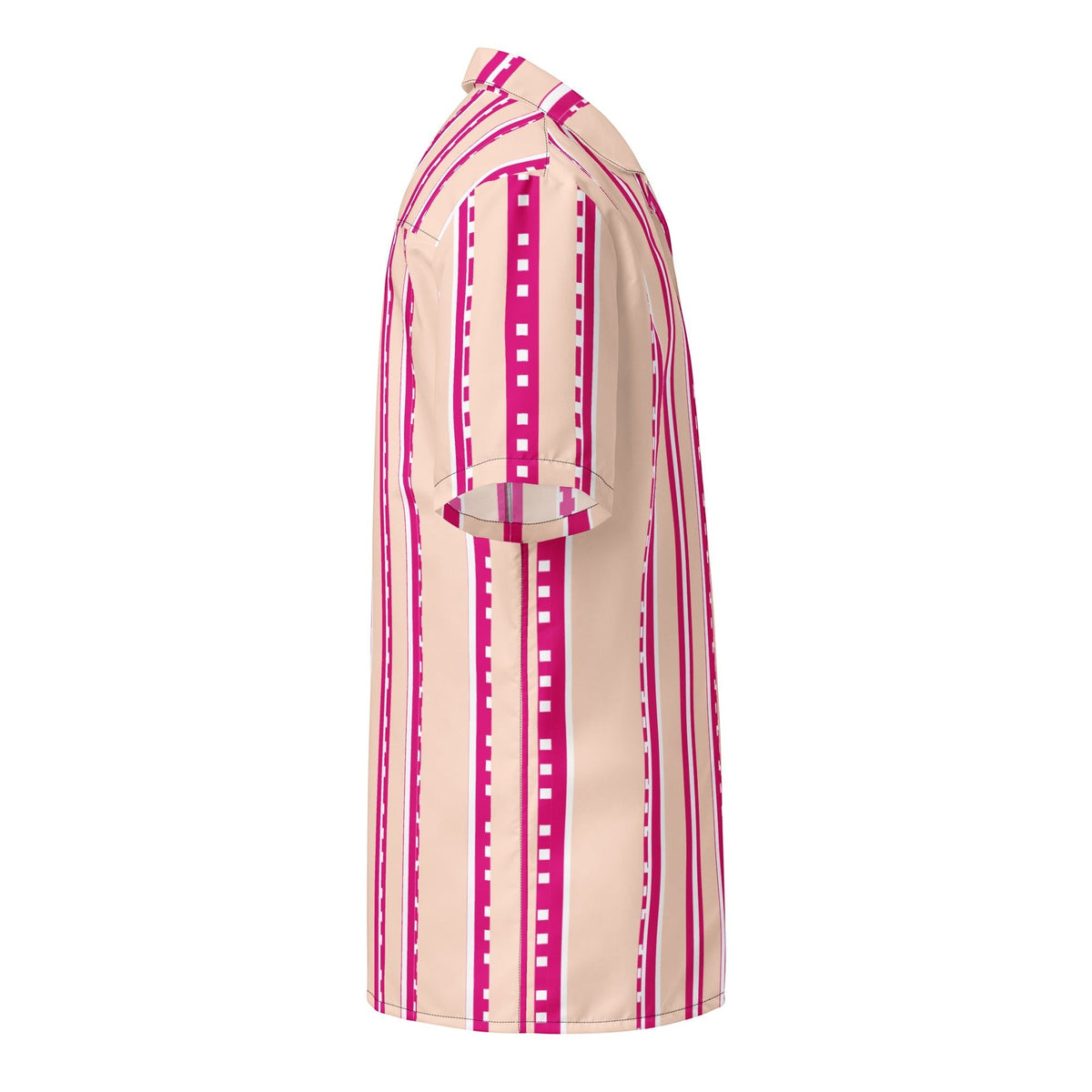 Good Wishes 365 retro pastel blush button-down shirt with vertical magenta and white stripes, side view.