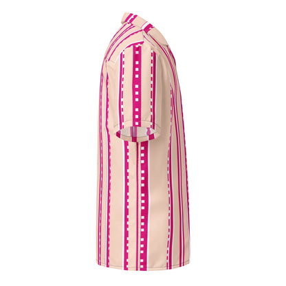 Good Wishes 365 retro pastel blush button-down shirt with vertical magenta and white stripes, side view.