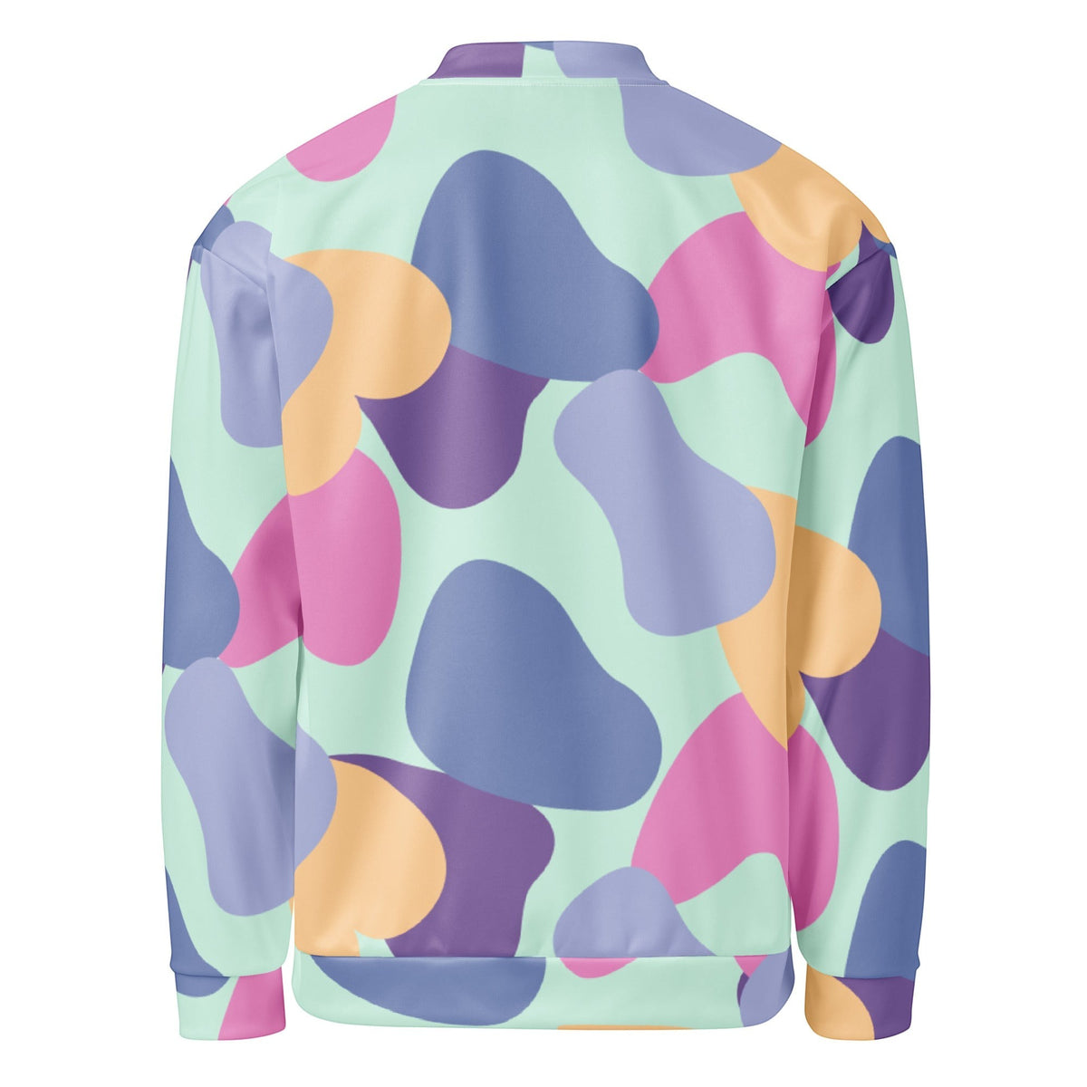 Back view of Good Wishes 365 unisex bomber jacket with abstract pastel mint, lavender, peach, and violet print.