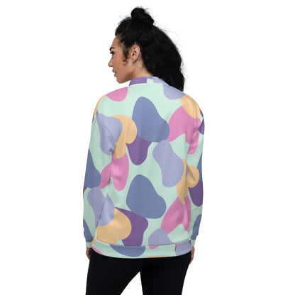 Good Wishes 365 unisex bomber jacket with a pastel abstract print in mint, lavender, peach, and violet, back view.
