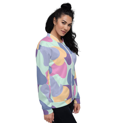 Good Wishes 365 unisex bomber jacket with a pastel abstract print in mint, lavender, peach, and violet on a model.