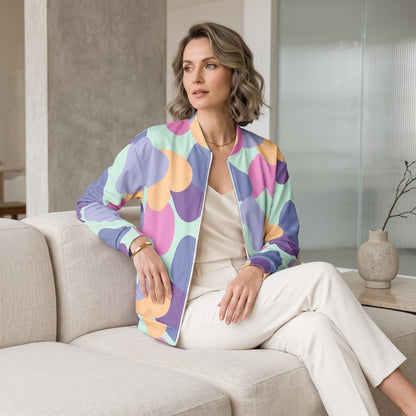 Good Wishes 365 unisex bomber jacket with pastel pop all-over print, featuring a silver zipper and brushed fleece.