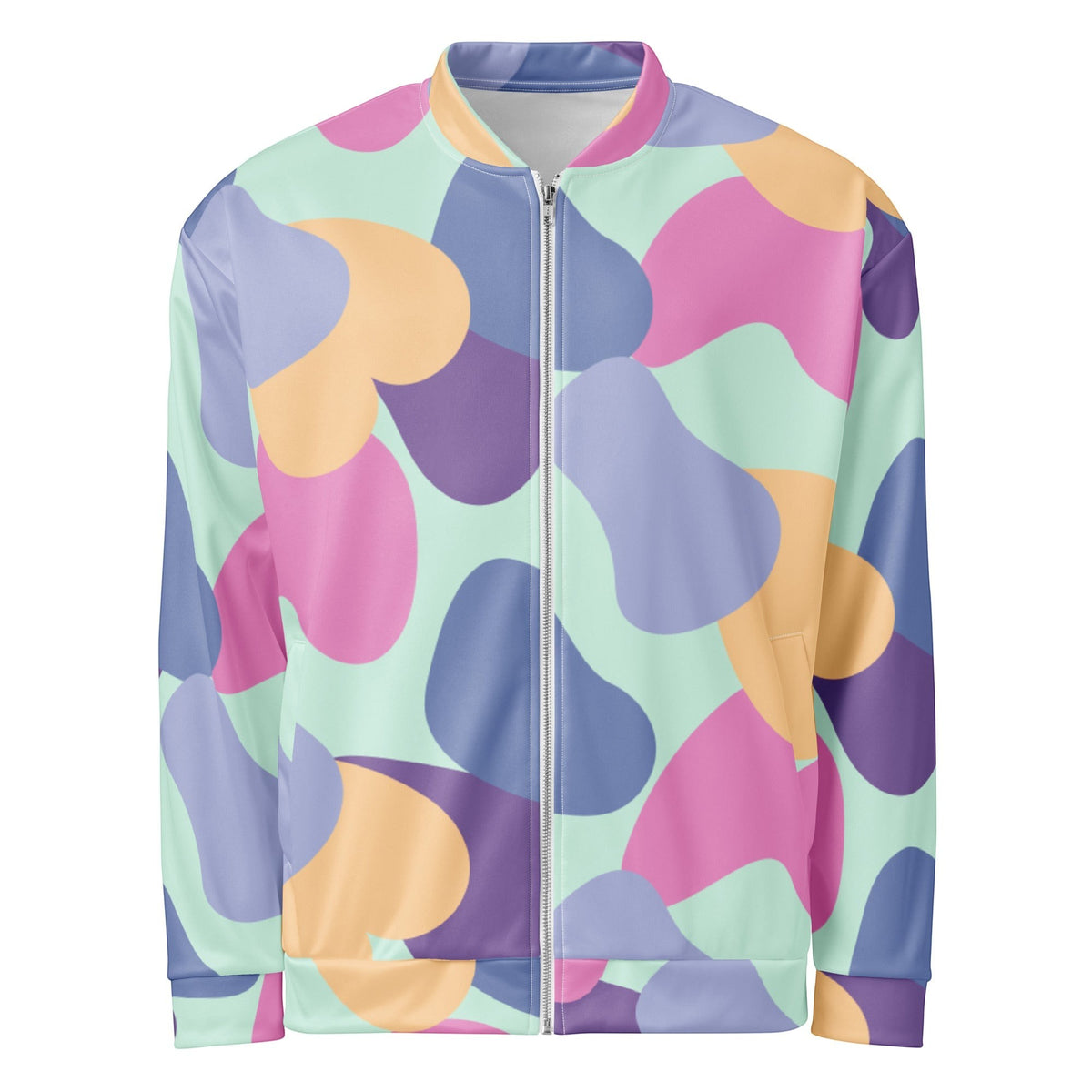 Good Wishes 365 unisex bomber jacket featuring a vibrant abstract pastel print in mint, lavender, peach, and violet.