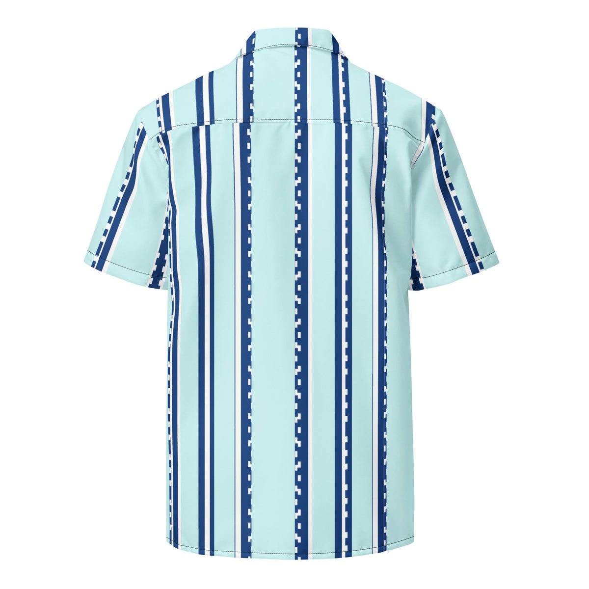 Back view of Good Wishes 365 women's retro pastel cyan button shirt with vertical navy and white geometric stripes.