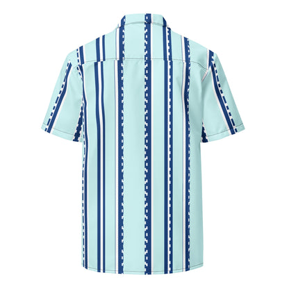 Back view of Good Wishes 365 women's retro pastel cyan button shirt with vertical navy and white geometric stripes.