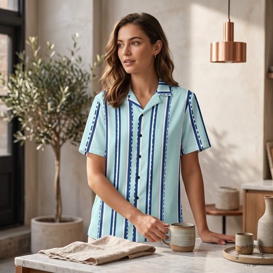 Good Wishes 365 retro pastel cyan button-down shirt with navy and white vertical stripes on a woman in a kitchen.