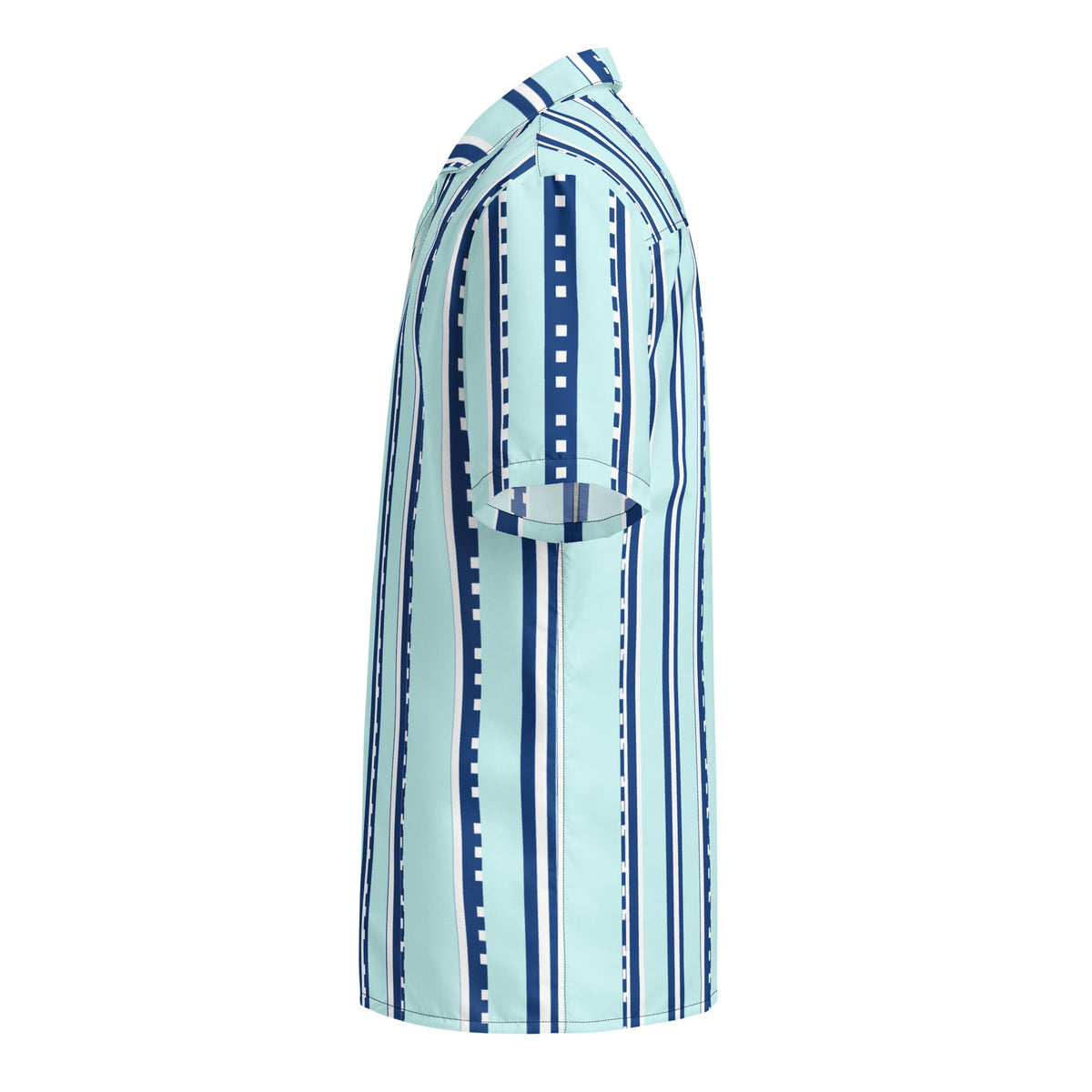 Good Wishes 365 women's retro pastel cyan short sleeve button shirt with navy and white vertical geometric stripes