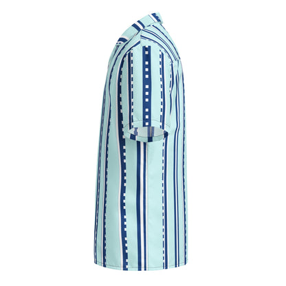 Good Wishes 365 women's retro pastel cyan short sleeve button shirt with navy and white vertical geometric stripes