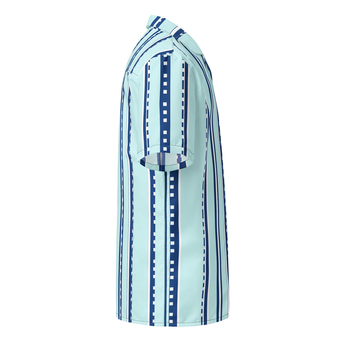 Good Wishes 365 women's retro short sleeve button shirt in pastel cyan with navy and white vertical geometric stripes.