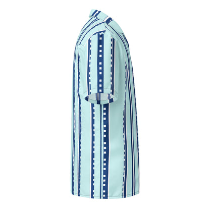 Good Wishes 365 women's retro short sleeve button shirt in pastel cyan with navy and white vertical geometric stripes.
